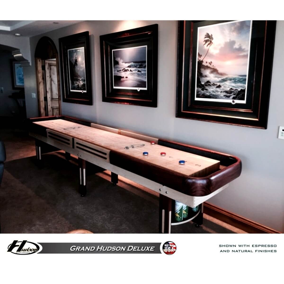 Grand Hudson Deluxe Shuffleboard Table 9'-22' with Custom Stain Options - Gaming Blaze